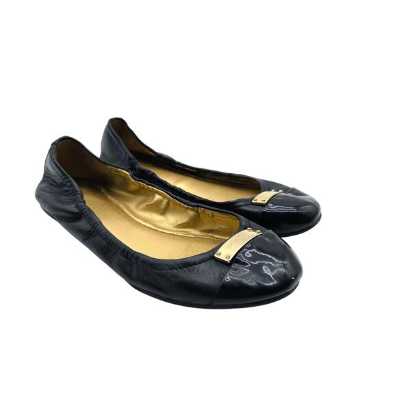 Coach Darsi Black Leather Ballet Flat Size 7 Cap Toe Patent Gold Detail - Picture 1 of 8